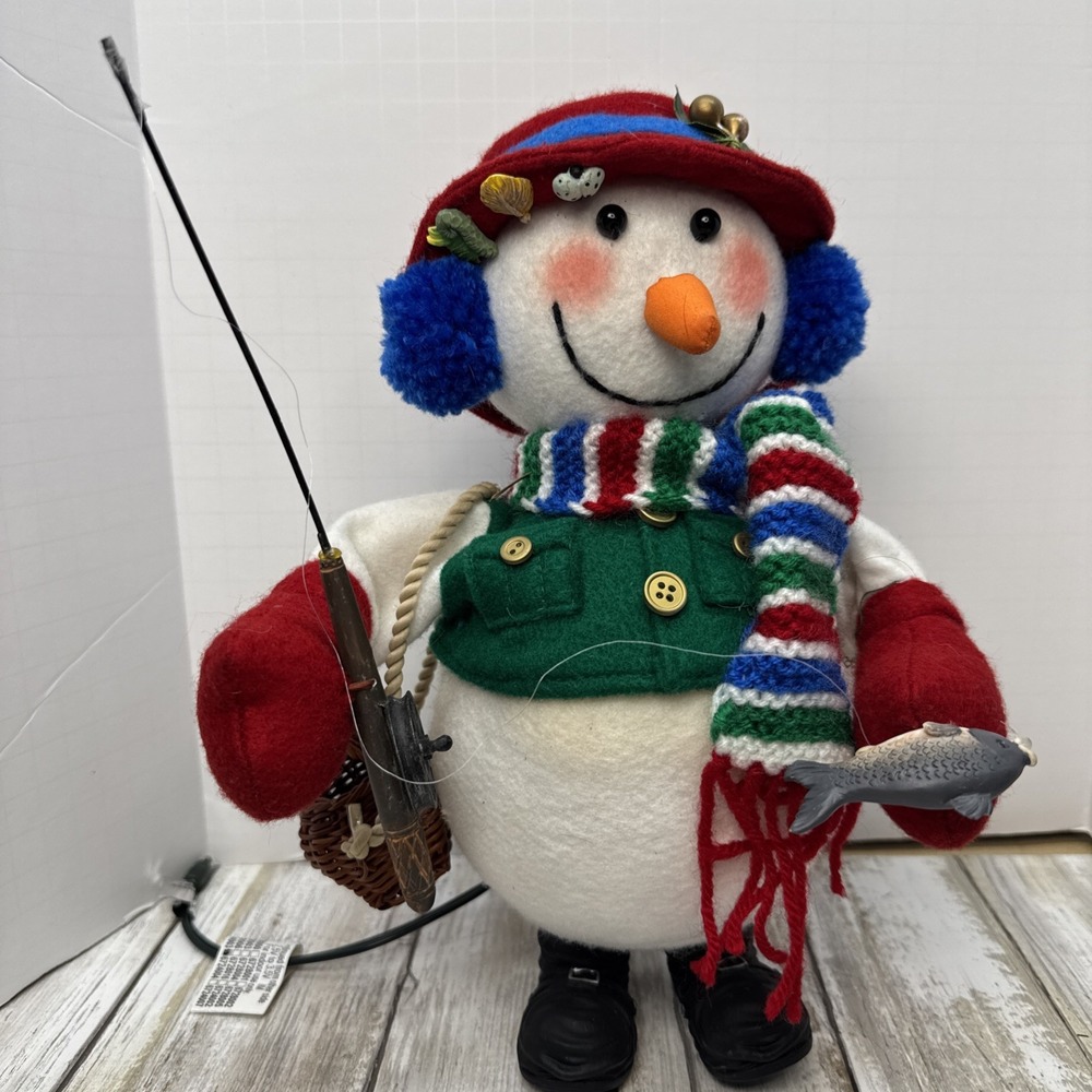 VINTAGE SANTA'S BEST ANIMATED ORNAMENT‎ FISHING SNOWMAN 11" TALL TESTED WORKS
